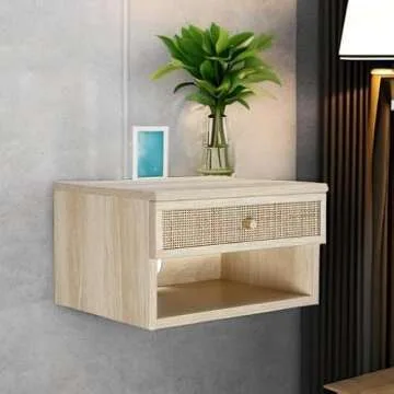 Nathan James Jackson Wall Mounted Rattan Floating Bedroom Nightstand with Storage Drawer and Modern Open Shelf Cubby, Light Oak/Rattan