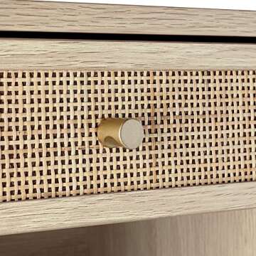 Nathan James Jackson Wall Mounted Rattan Floating Bedroom Nightstand with Storage Drawer and Modern Open Shelf Cubby, Light Oak/Rattan