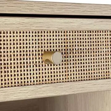 Nathan James Jackson Wall Mounted Rattan Floating Bedroom Nightstand with Storage Drawer and Modern Open Shelf Cubby, Light Oak/Rattan