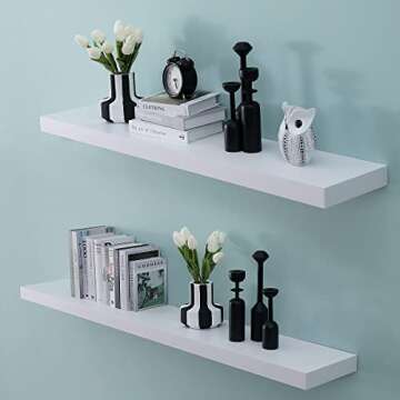WELLAND 24 inch White Mission Floating Shelves for Wall, Bathroom Wall Mount Shelves, Wood Modern Display Shelves, Book Shelves,for Bedroom,Living Room and Kitchen
