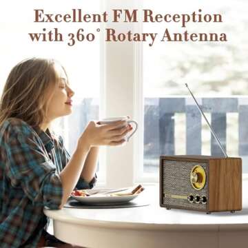 Mufoli Retro Radio with Bluetooth Speaker, Vintage Bluetooth Radio with White Noise Function, Wood FM Radio Speaker with Rotary Tuning Dial for Home, Bedroom, Living Room, Kitchen(Espresso/RA60S-G)