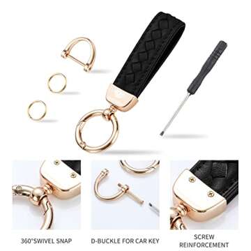 Genuine Leather Car Keychain, Handmade Knit Sheepskin Key chains for Women, Universal Key Fob Holder with 360 Degree Rotatable, Anti-Lost D-Ring, 2 Keyrings and 1 Screwdriver – Black