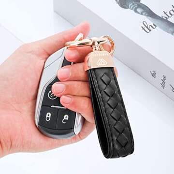 Genuine Leather Car Keychain, Handmade Knit Sheepskin Key chains for Women, Universal Key Fob Holder with 360 Degree Rotatable, Anti-Lost D-Ring, 2 Keyrings and 1 Screwdriver – Black