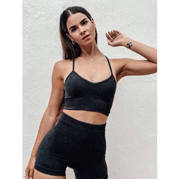 OQQ Workout Outfit for Women 2 Piece Seamless Acid Wash High Waist Shorts With Sports Bra Exercise Set Black
