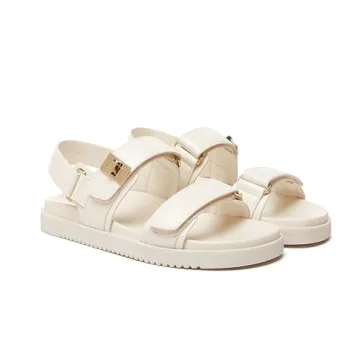 Rihero Women's Flat Sandals Comfort Adjustable Velcro Double Strap Slip on Leather Footbed White Sandals with Back Strap Size 8.5