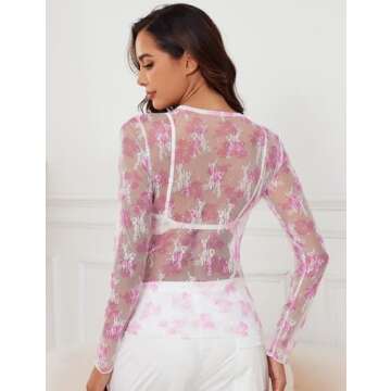 AKEWEI Women Sheer Mesh Top Shirts for Clubwear Sexy See Through Blouses Long Sleeve Fitted Basic La...