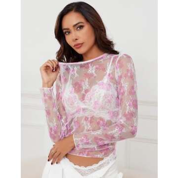 AKEWEI Women Sheer Mesh Top Shirts for Clubwear Sexy See Through Blouses Long Sleeve Fitted Basic Lace Tee(Pink Rose,L)