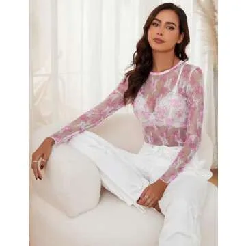 AKEWEI Women Sheer Mesh Top Shirts for Clubwear Sexy See Through Blouses Long Sleeve Fitted Basic Lace Tee(Pink Rose,L)