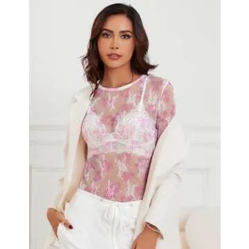 AKEWEI Women Sheer Mesh Top Shirts for Clubwear Sexy See Through Blouses Long Sleeve Fitted Basic Lace Tee(Pink Rose,L)