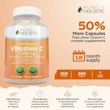 Purely Holistic Vitamin C 1000mg, 365 Capsules, 12 Month Supply, 2 Stage Timed Release with Ascorbic...