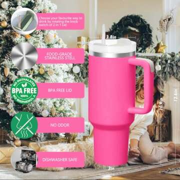 ROSE IN THE BOX Insulated 40 oz Tumbler With Handle and Straw Lid Double Wall Stainless Steel Water ...