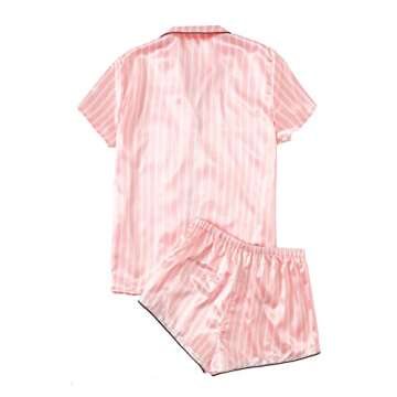 WDIRARA Women's Satin Sleepwear Short Sleeve Button Shirt and Shorts Pajama Set Silky PJ Striped Pink S