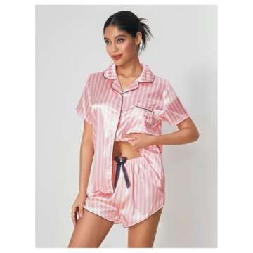 WDIRARA Women's Satin Sleepwear Short Sleeve Button Shirt and Shorts Pajama Set Silky PJ Striped Pink S