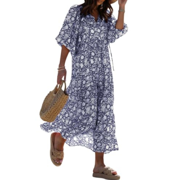 miduo Womens Maxi Dress Casual Loose V Neck Summer Half Sleeve Floral Beach Boho Maxi Long Dresses F...