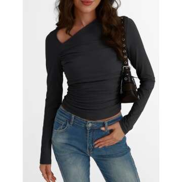 Trendy Queen Women's Asymmetrical Long Sleeve Going Out Tops - Chic Black Design for 2025