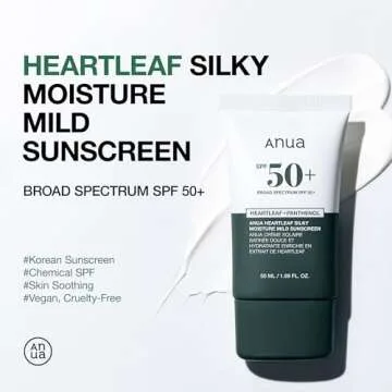 Anua Heartleaf Silky Moisture Mild Sunscreen, Broad Spectrum SPF 50+ with Moisturizing Formula, Ligh...