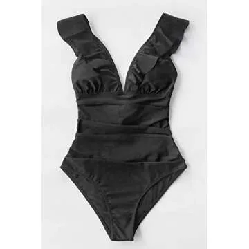 CUPSHE Women's Ruffled Lace Up Swimsuit in Black