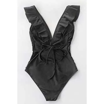 CUPSHE Women's Ruffled Lace Up Swimsuit in Black