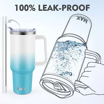 MaxBase 40 Oz Tumbler with Handle and Straw Lid, Insulated Reusable Stainless Steel Travel Mug Keeps Drinks Cold up to 34 Hours, 100% Leakproof Bottle (WhiteBlue)