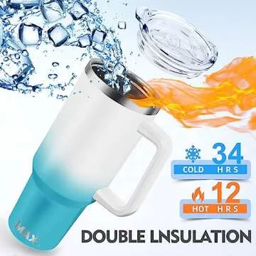 MaxBase 40 Oz Tumbler with Handle and Straw Lid, Insulated Reusable Stainless Steel Travel Mug Keeps Drinks Cold up to 34 Hours, 100% Leakproof Bottle (WhiteBlue)