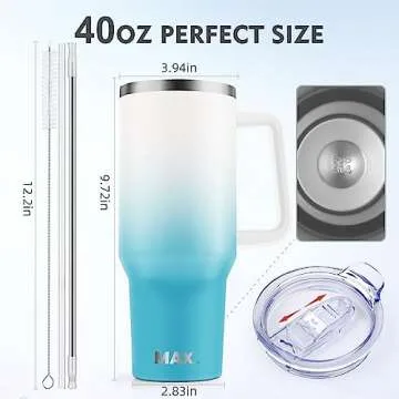 MaxBase 40 Oz Tumbler with Handle and Straw Lid, Insulated Reusable Stainless Steel Travel Mug Keeps Drinks Cold up to 34 Hours, 100% Leakproof Bottle (WhiteBlue)