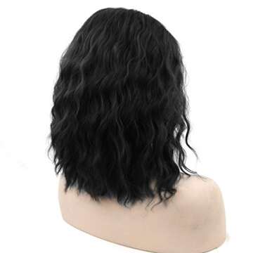 Flonding 15" Short Wavy Bob Wig Curly Shoulder Length Middle Part Fluffy Hair Spiral Wigs for Women Girl Halloween Cosplay Daily Costume Use (Black)