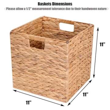 YJGYP9F Water Hyacinth Storage Baskets,Woven Bins for Bathroom, Bedroom, Laundry, Pantry, Shelves,Set of 4 Foldable Cube Organizers, 11"x11"x11"