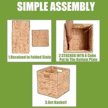 YJGYP9F Water Hyacinth Storage Baskets,Woven Bins for Bathroom, Bedroom, Laundry, Pantry, Shelves,Set of 4 Foldable Cube Organizers, 11"x11"x11"