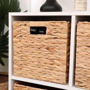 YJGYP9F Water Hyacinth Storage Baskets,Woven Bins for Bathroom, Bedroom, Laundry, Pantry, Shelves,Set of 4 Foldable Cube Organizers, 11"x11"x11"