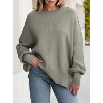 ANRABESS Women Crewneck Batwing Long Sleeve 2024 Fall Oversized Side Slit Ribbed Knit Pullover Sweat...