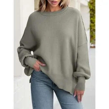 ANRABESS Women Crewneck Batwing Long Sleeve 2024 Fall Oversized Side Slit Ribbed Knit Pullover Sweat...