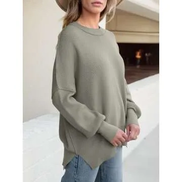 ANRABESS Women Crewneck Batwing Long Sleeve 2024 Fall Oversized Side Slit Ribbed Knit Pullover Sweaters Top Cozy Outfits Gray Coffee Medium