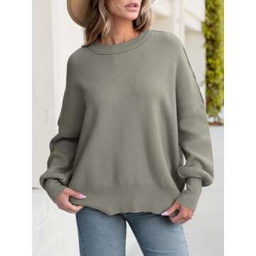 ANRABESS Women Crewneck Batwing Long Sleeve 2024 Fall Oversized Side Slit Ribbed Knit Pullover Sweaters Top Cozy Outfits Gray Coffee Medium