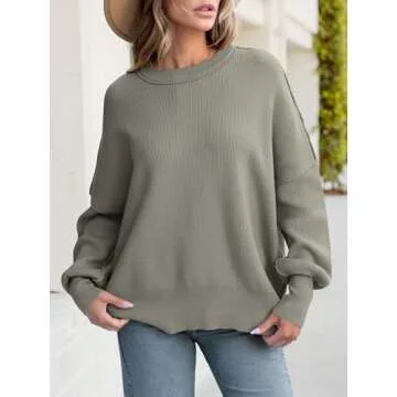 ANRABESS Women Crewneck Batwing Long Sleeve 2024 Fall Oversized Side Slit Ribbed Knit Pullover Sweaters Top Cozy Outfits Gray Coffee Medium
