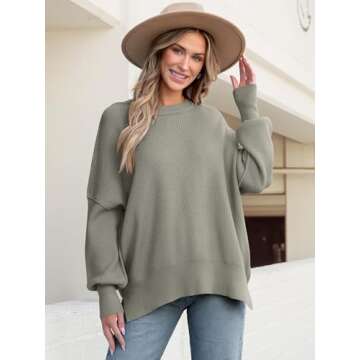 ANRABESS Women Crewneck Batwing Long Sleeve 2024 Fall Oversized Side Slit Ribbed Knit Pullover Sweaters Top Cozy Outfits Gray Coffee Medium