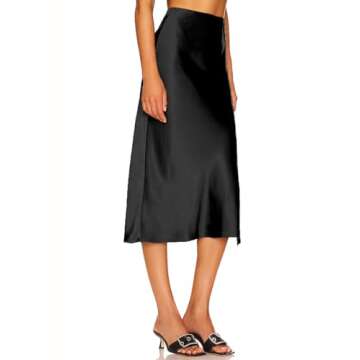E EMZHOLE Women's Satin Skirt - Elegant High Waist Midi Skirt with Slit