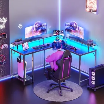 SUPERJARE L-Shaped Gaming Desk with LED Lights and Power Outlets