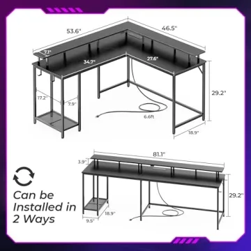 SUPERJARE L-Shaped Gaming Desk with LED Lights and Power Outlets