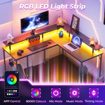 SUPERJARE L-Shaped Gaming Desk with LED Lights and Power Outlets