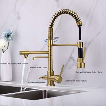 Delle Rosa Kitchen Faucet - 3 Way Drinking Water Faucet with High Arc Brushed Gold Finish