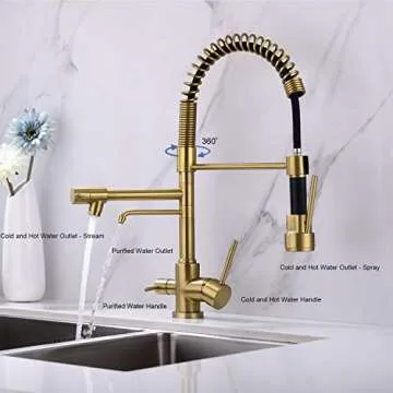Delle Rosa Kitchen Faucet - 3 Way Drinking Water Faucet with High Arc Brushed Gold Finish