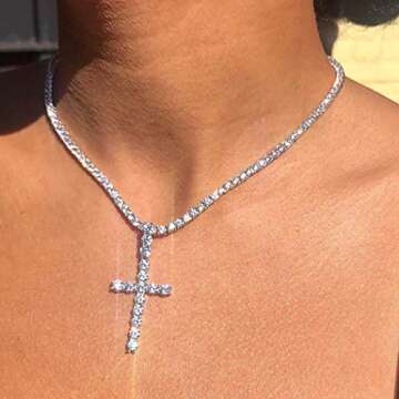 Gangel Silver Vertical Cross Tennis Necklace Glittering Chain Simple Fashion Pendant Exquisite Choke...