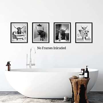 Funny Highland Cow Bathroom Wall Art Prints, Vintage Black and White Rustic Style Cute Bathroom Cow ...