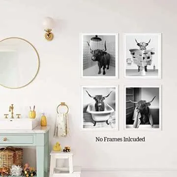 Funny Highland Cow Bathroom Wall Art Prints, Vintage Black and White Rustic Style Cute Bathroom Cow Canvas Art Prints for Bathroom Restroom Decor, Farmhouse Wall Decor, 4-Set (8"x10" Unframed)
