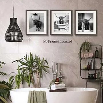 Funny Highland Cow Bathroom Wall Art Prints, Vintage Black and White Rustic Style Cute Bathroom Cow Canvas Art Prints for Bathroom Restroom Decor, Farmhouse Wall Decor, 4-Set (8"x10" Unframed)