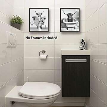 Funny Highland Cow Bathroom Wall Art Prints, Vintage Black and White Rustic Style Cute Bathroom Cow Canvas Art Prints for Bathroom Restroom Decor, Farmhouse Wall Decor, 4-Set (8"x10" Unframed)