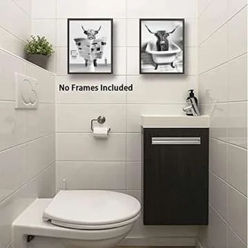 Funny Highland Cow Bathroom Wall Art Prints, Vintage Black and White Rustic Style Cute Bathroom Cow Canvas Art Prints for Bathroom Restroom Decor, Farmhouse Wall Decor, 4-Set (8"x10" Unframed)