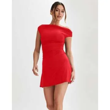 LAGSHIAN Women's Summer Off Shoulder Trendy Ruched Stretch Bodycon Cocktail Party Flare Mini Dress R...