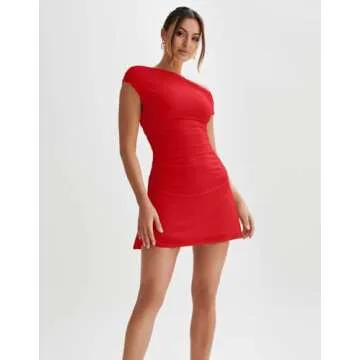 LAGSHIAN Women's Summer Off Shoulder Ruched Mini Dress