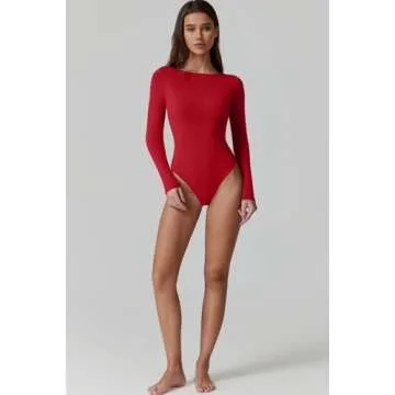 QINSEN Long Sleeve Bodysuit for Women Double Lined Crew Neck T Shirt Bodycon Tops Fiery Red S